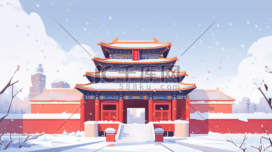 红色中国古典建筑风景插画24