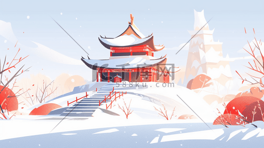 中国古典建筑插画图片_红色中国古典建筑风景插画25