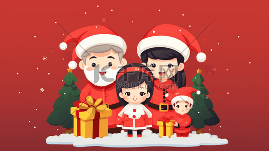 圣诞节喜庆红色插画图片_圣诞节亲子团聚唯美插画2