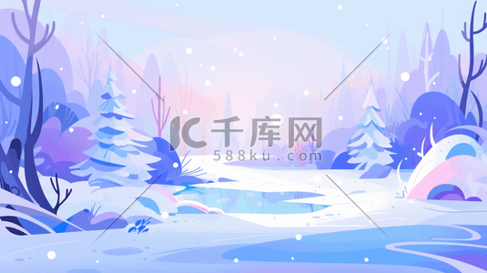 渐变色树林里的雪景唯美卡通插画18