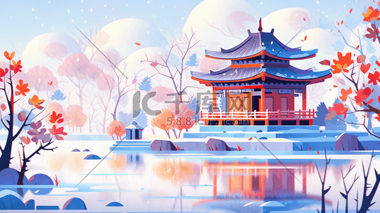 中国古典建筑插画图片_红色中国古典建筑风景插画31