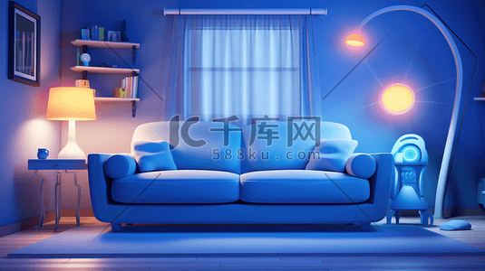 蓝色沙发沙发插画图片_卡通蓝色室内客厅沙发5