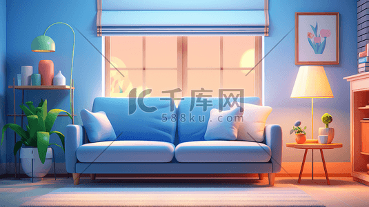 蓝色沙发沙发插画图片_卡通蓝色室内客厅沙发16