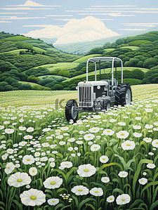 自动化控制插画图片_白色的花田自动收割花卉6