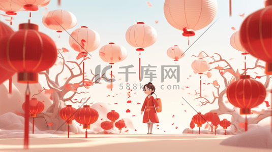 红色中国风节日喜庆卡通人物灯笼插画13