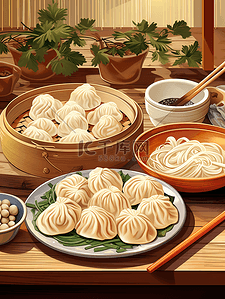 每周菜谱插画图片_中式菜谱面条饺子小笼包18