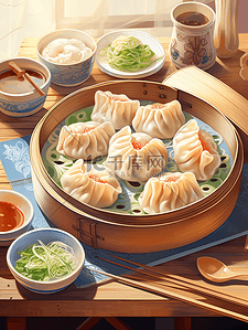 小标题中式插画图片_中式菜谱面条饺子小笼包11