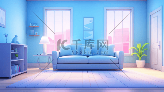 蓝色沙发沙发插画图片_卡通蓝色室内客厅沙发13