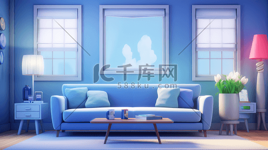 蓝色沙发沙发插画图片_卡通蓝色室内客厅沙发7