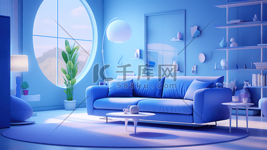 蓝色沙发沙发插画图片_卡通蓝色室内客厅沙发9