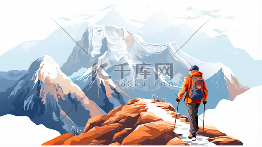 攀登挑战插画图片_老年人攀越雪山插画5