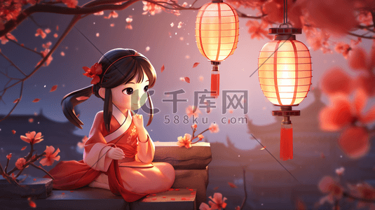 红色中国风节日喜庆卡通人物灯笼插画21