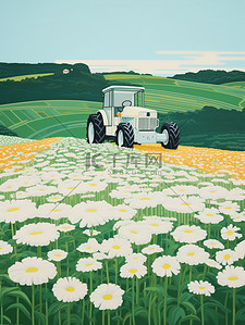 自动化控制插画图片_白色的花田自动收割花卉19