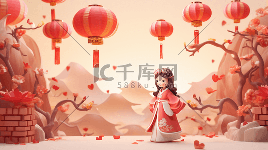 红色中国风节日喜庆卡通人物灯笼插画15