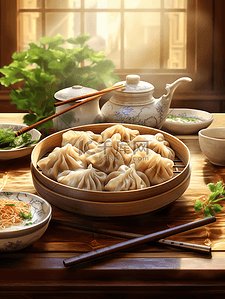 中式早餐插画图片_中式菜谱面条饺子小笼包1