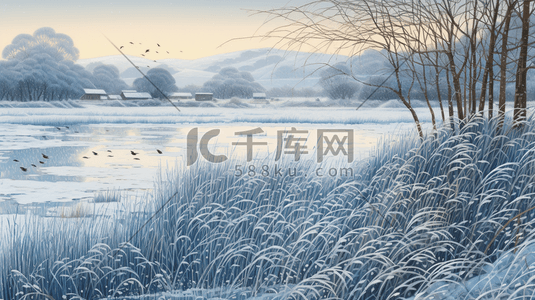 冬季芦苇湖边风景插画15