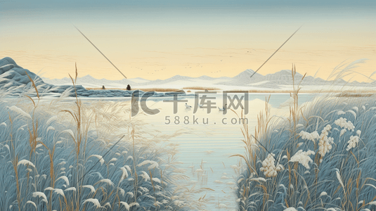 冬季芦苇湖边风景插画27