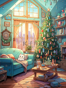客厅装饰插画图片_圣诞树装饰的客厅17