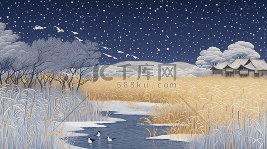冬季芦苇湖边风景插画9