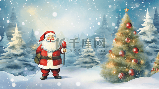 圣诞树圣诞老人雪插画图片_雪中圣诞老人圣诞树
