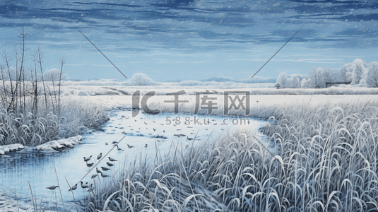 冬季芦苇湖边风景插画31
