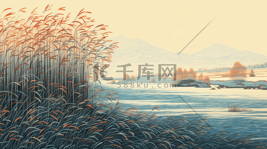 冬季芦苇湖边风景插画20