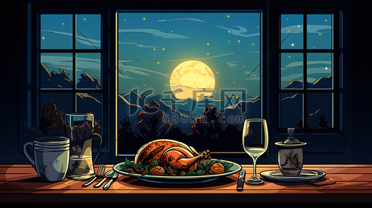感恩节晚餐插画图片_感恩节晚餐火鸡餐厅15