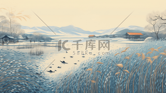 白露插画图片_冬季芦苇湖边风景插画14