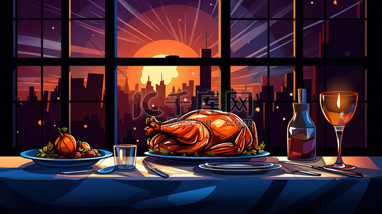 感恩节晚餐插画图片_感恩节晚餐火鸡餐厅20