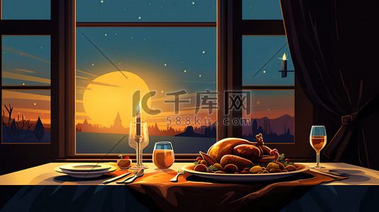感恩节晚餐插画图片_感恩节晚餐火鸡餐厅6