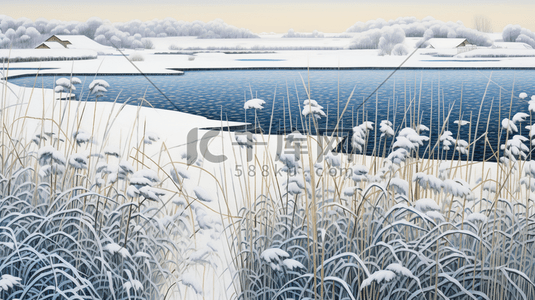 冬季芦苇湖边风景插画32