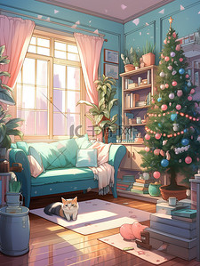 客厅装饰插画图片_圣诞树装饰的客厅1