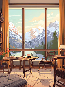 酒店宴会厅插画图片_旅行酒店房间雪山风景9