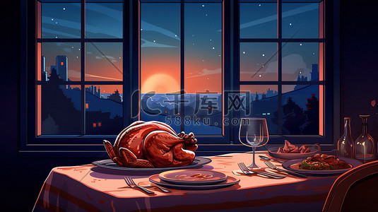 感恩节晚餐插画图片_感恩节晚餐火鸡餐厅3