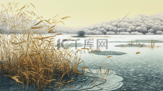 白露插画图片_冬季芦苇湖边风景插画29