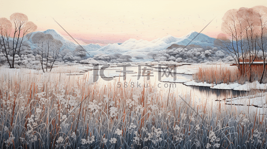 冬季芦苇湖边风景插画8