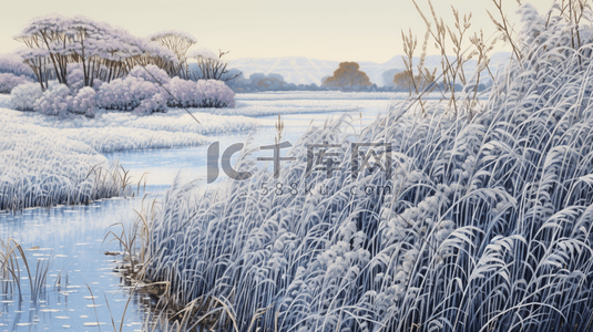 河流湿地插画图片_沙滩湿地芦苇荡风景插画8