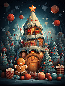 甜蜜背景插画图片_姜钟和糖果为背景的甜蜜快乐圣诞树7
