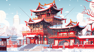 红色中国风古建筑群风景插画10