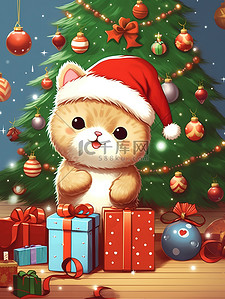 圣诞节快乐圣诞树插画图片_可爱卡通猫节日快乐圣诞节2