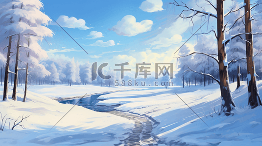 大寒插画图片_唯美冬天大雪大寒雪中森林树林风景场景插画