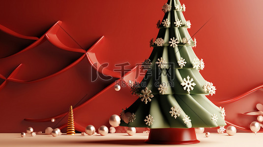 红色圣诞树背景插画图片_3d圣诞背景圣诞元素19