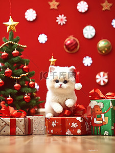 圣诞节快乐圣诞树插画图片_可爱卡通猫节日快乐圣诞节3