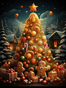 甜蜜背景插画图片_姜钟和糖果为背景的甜蜜快乐圣诞树15