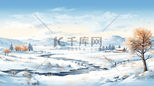 冬天大雪大寒雪山河谷风景插画