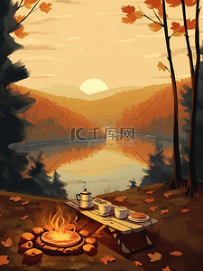 锅的汤在篝火旁插画图片_秋天野外露营篝火17