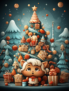 节日甜蜜插画图片_姜钟和糖果为背景的甜蜜快乐圣诞树10