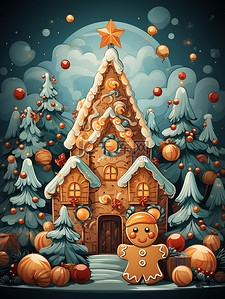 节日甜蜜插画图片_姜钟和糖果为背景的甜蜜快乐圣诞树1