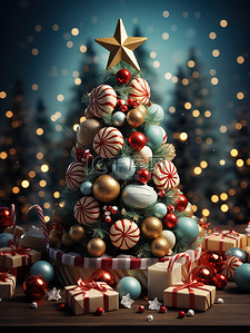 节日背景装饰插画图片_姜钟和糖果为背景的甜蜜快乐圣诞树6