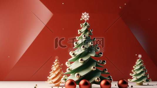 红色圣诞树背景插画图片_3d圣诞背景圣诞元素9
